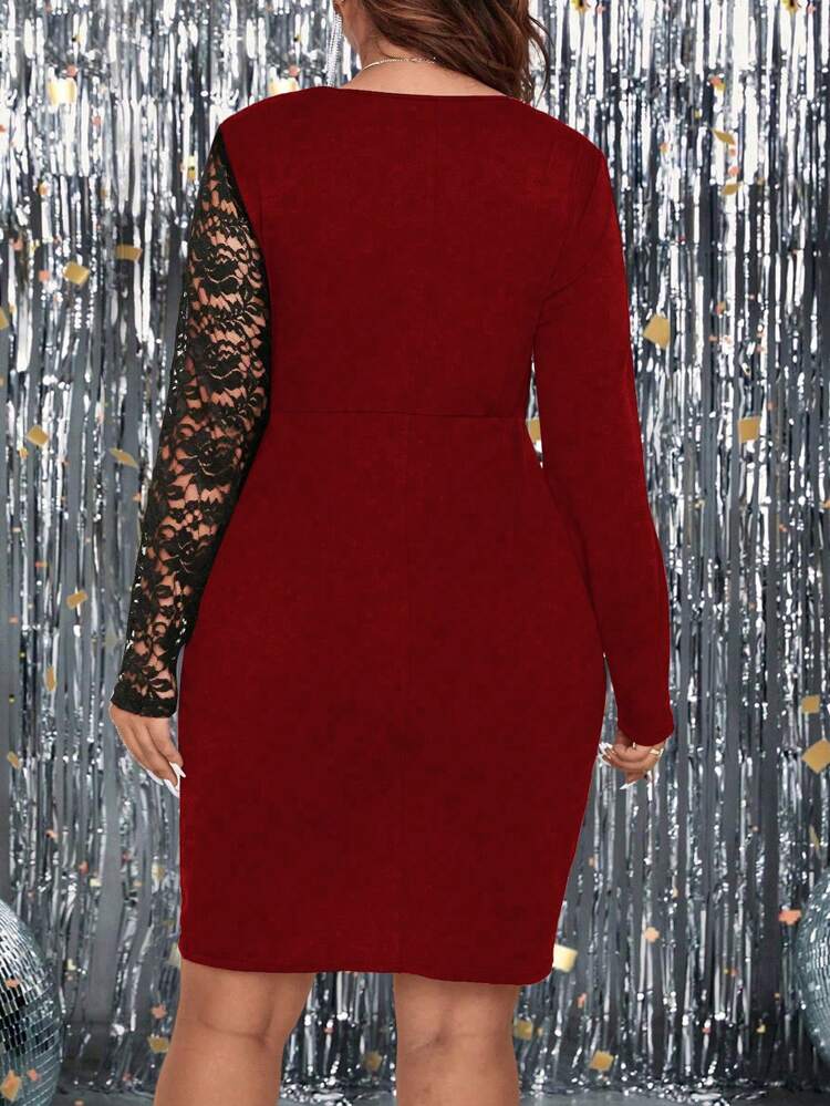 Plus Size Contrast Color Lace Panel Bodycon Dress