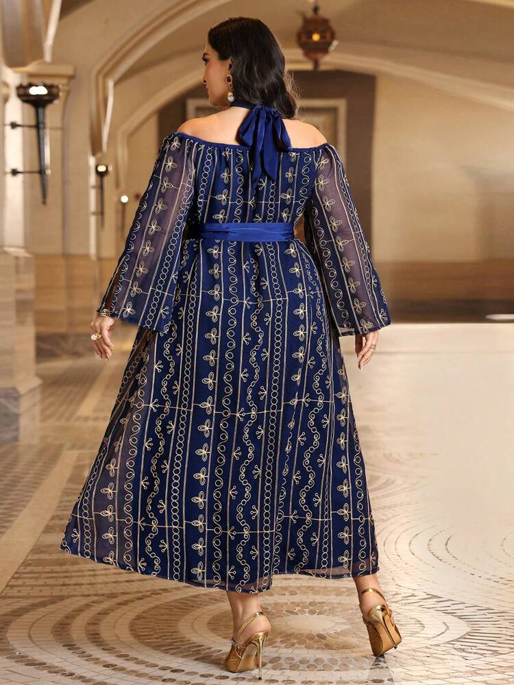 Plus Size Women'S Full Printed Cross Collar Dress Long Evening Dresses