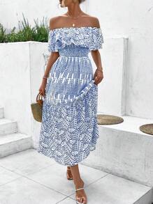 Breezaya Polka Dot Print Off Shoulder Dress With Ruffle Trim - Multicolor - View 5