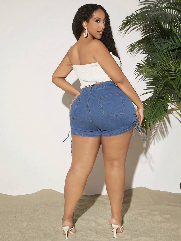 Plus Size High Waist High Stretch Drawstring Side Slit Sexy Denim Shorts, Blue