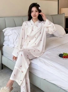 DAZY 女款風花卉印花束帶長袖長褲睡衣套裝 - 白色 - 查看 1