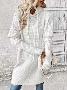 SHEIN LUNE 女士宽松开衩下摆套头连帽针织衫秋冬毛衣 - 白色 - 查看 7