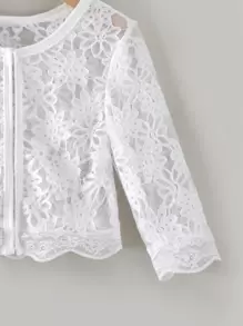 SHEIN Young Girl Floral Elegant Round Neck Cardigan With Lace Trim, Flower Girl Wedding Wear - White - View 3