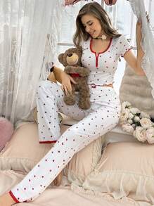 Contrast Trim Heart Print Pajama Set With Lettuce Trim White Set - White - View 1