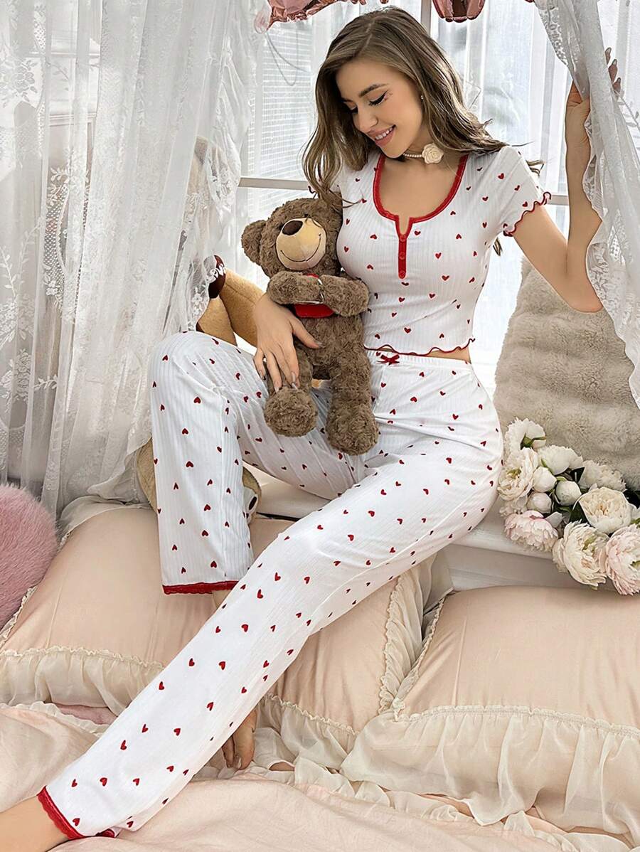 Contrast Trim Heart Print Pajama Set With Lettuce Trim White Set - White - View 1