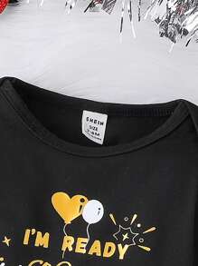 SHEIN Glamorique Kids Baby Girls' Slogan Printed Long Sleeve Bodysuit And Mesh Tutu Skirt Outfit - Black - View 5