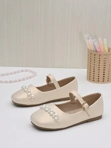 女童/中大童婚禮舞臺珍珠嵌花公主珍平底鞋 - 杏色 - 查看 5