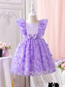 SHEIN Vestido Morado Para Niñas Pequeñas Con Bordado De Flores En 3d - Morado - Ver 1