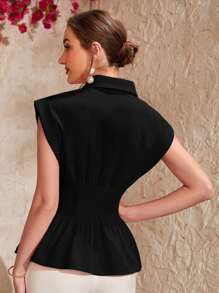 Mulvari Women'S Buttoned Half Placket Blouse With Ruffled Hem Women Shirt - Black - View 2