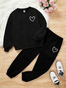 Tween Girls' Heart Print Casual Long Sleeve Sweatshirt And Sweatpants 2pcs/Set, Suitable For Autumn And Winter - Black - View 1
