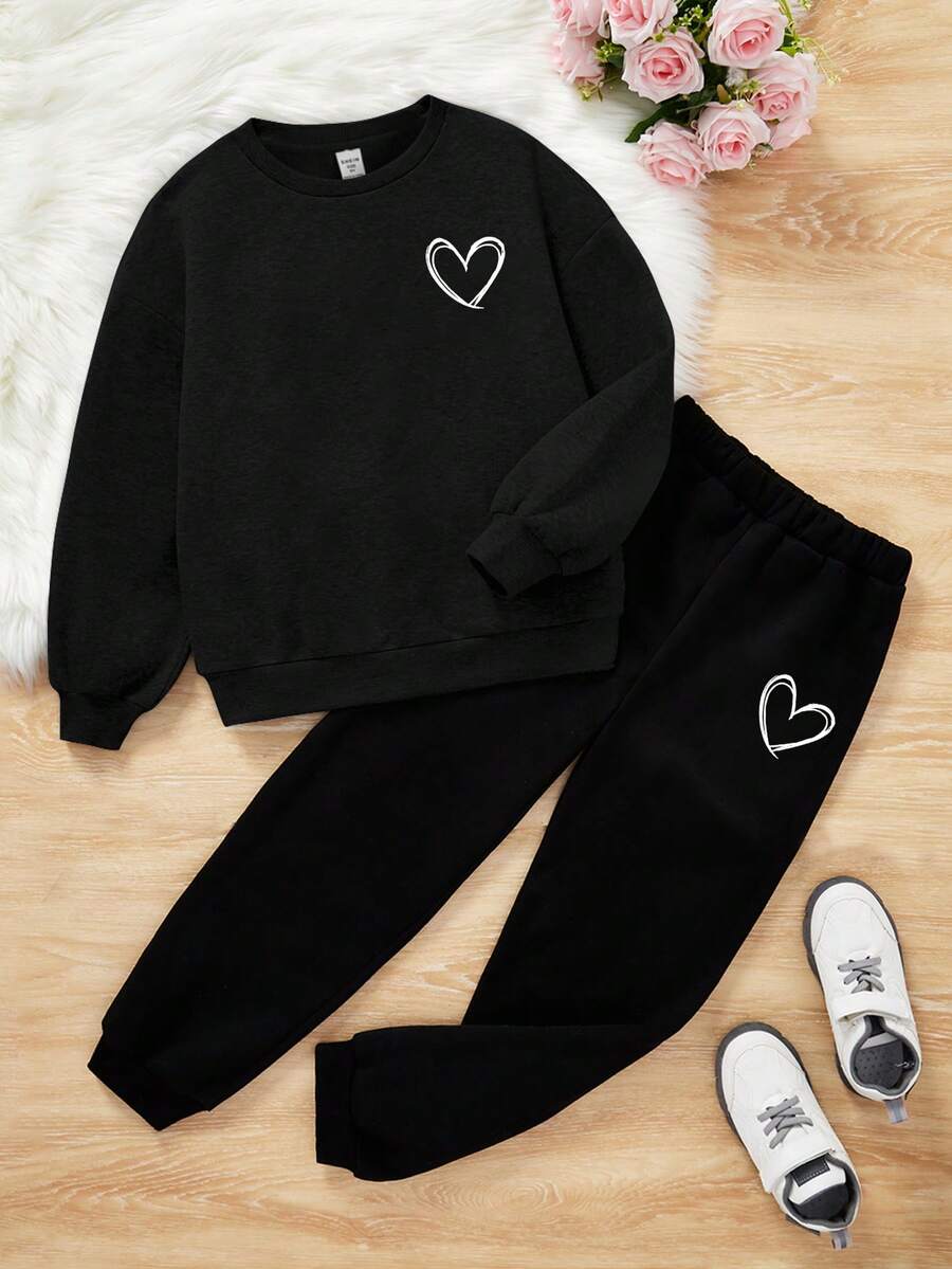 Tween Girls' Heart Print Casual Long Sleeve Sweatshirt And Sweatpants 2pcs/Set, Suitable For Autumn And Winter - Black - View 1