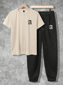 Manfinity Homme 男士字母印花短袖 T 恤和運動褲套裝 - 黑色 - 查看 3