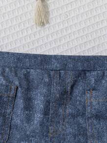 SHEIN 嬰兒女童休閒針織泡泡短袖上衣和牛仔印花裙套裝 - 藍色 - 查看 5