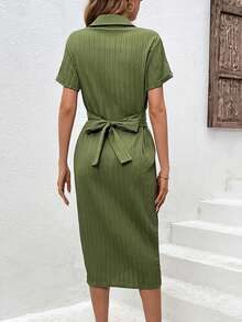 SHEIN Privé 女式十字交叉細節短袖襯衫連衣裙 - 軍綠色 - 查看 2