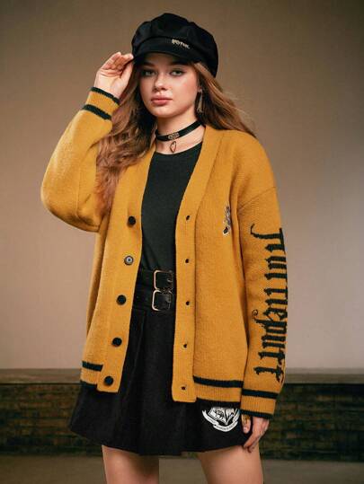 Harry Potter | ROMWE Front Button-up Knit Cardigan With Letter Pattern