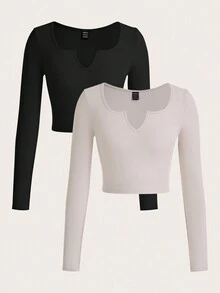 SHEIN Privé Women's Solid Color Notched Neckline Short Length T-Shirt With Long Sleeves - Black and White - View 1