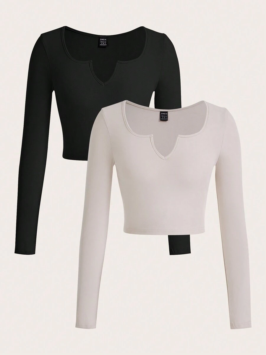 SHEIN Privé Women's Solid Color Notched Neckline Short Length T-Shirt With Long Sleeves - Black and White - View 1