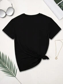 SHEIN EZwear Women's 2024 Happy New Year Printed Short Sleeve T-Shirt - Black - View 2