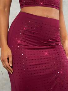 SHEIN BAE Valentinstag Hoher Schlitz Roter Strass Frauen Langer Rock