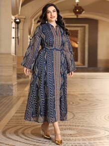 Layrah 大码全印花缺口领长袖 Kaftan Jalabiya 连衣裙，优雅奢华晚会风格 - 藏蓝色 - 查看 6
