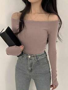 DAZY 女士修身純色露肩基礎t卹 - 卡其色 - 查看 5