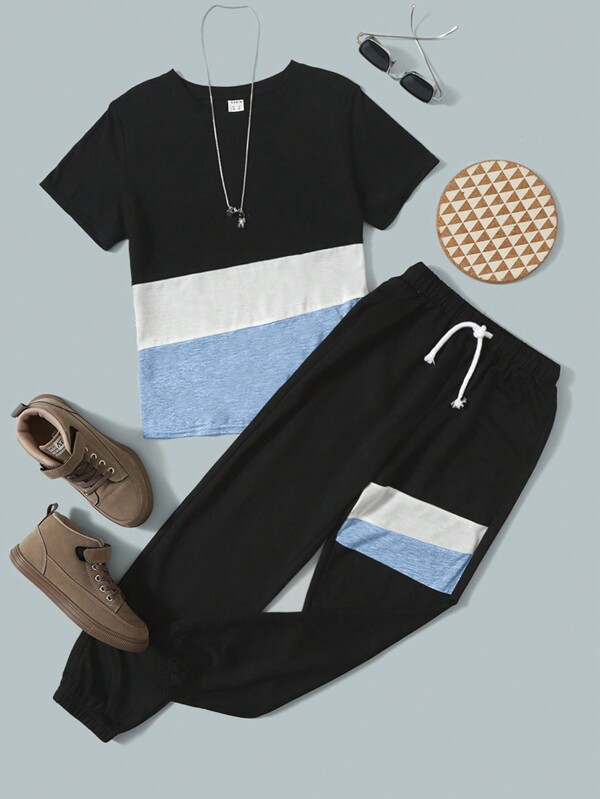 SHEIN Tween Boys' Casual Comfortable Color Block Short Sleeve T-Shirt And Jogger Pants Two Piece Set