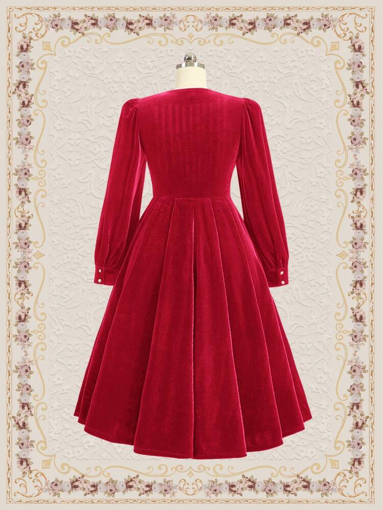 Vintage Party Christmas Women Velvet Hem Flare Dress