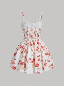 SHEIN MOD 女性3d花卉印花細肩帶裙,帶有花朵細節 - 紅白色 - 查看 2