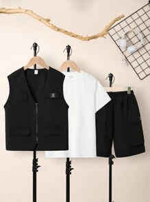 3 件/套 男生寬鬆休閒梭織實用背心、t 恤和短褲套裝 - 黑色 - 查看 7