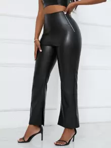 Zolique Black Side Split Pu Leather Slim Flared Pants - Black - View 5