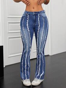 SHEIN ICON Women's Frayed Flared Denim Pants - Blue - View 4