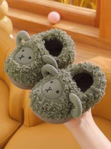 Cartoon Sheep Design Boys' Indoor Winter Warm Slippers, Non-Slip - Green - View 1