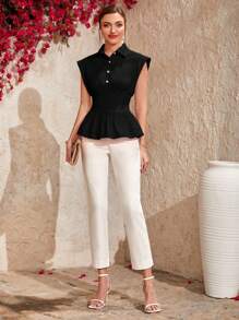 Mulvari Women'S Buttoned Half Placket Blouse With Ruffled Hem Women Shirt - Black - View 5