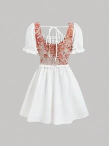 SHEIN MOD Women's Botanical Jacquard Tie Front Square Neck Dress - Multicolor - View 2