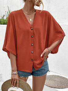 Calvaya Women'S V-Neck Batwing Sleeve Blouse Women Shirt - Orange - View 6