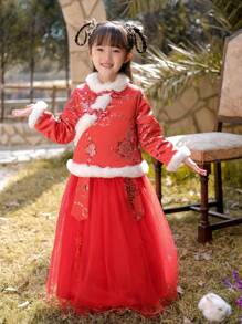 Toddler Girls' Plush Patchwork Buckle Closure Top And Mesh Skirt Hanfu Style - Red - View 1