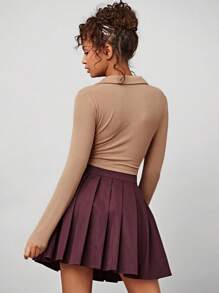 Forever 21 Women's Vintage College Style 2pcs Set: Turn Down Collar Simple Top & Pleated Skirt - Burgundy - View 3