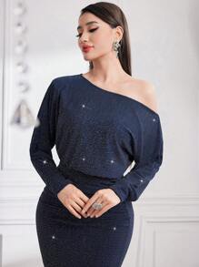 Modelyn Women'S Asymmetric Neckline Bodycon Dress - Blue - View 3