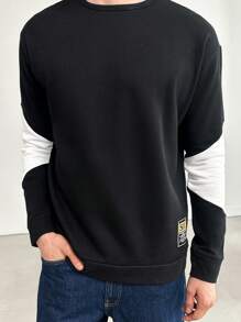 RueChic Men's Color Block Casual Daily Long Sleeve Pullover Sweatshirt - Black - View 3