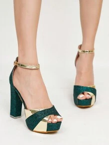 Women's Platform Chunky Heel Waterproof Dress Sandals With Metallic Decoration, Elegant