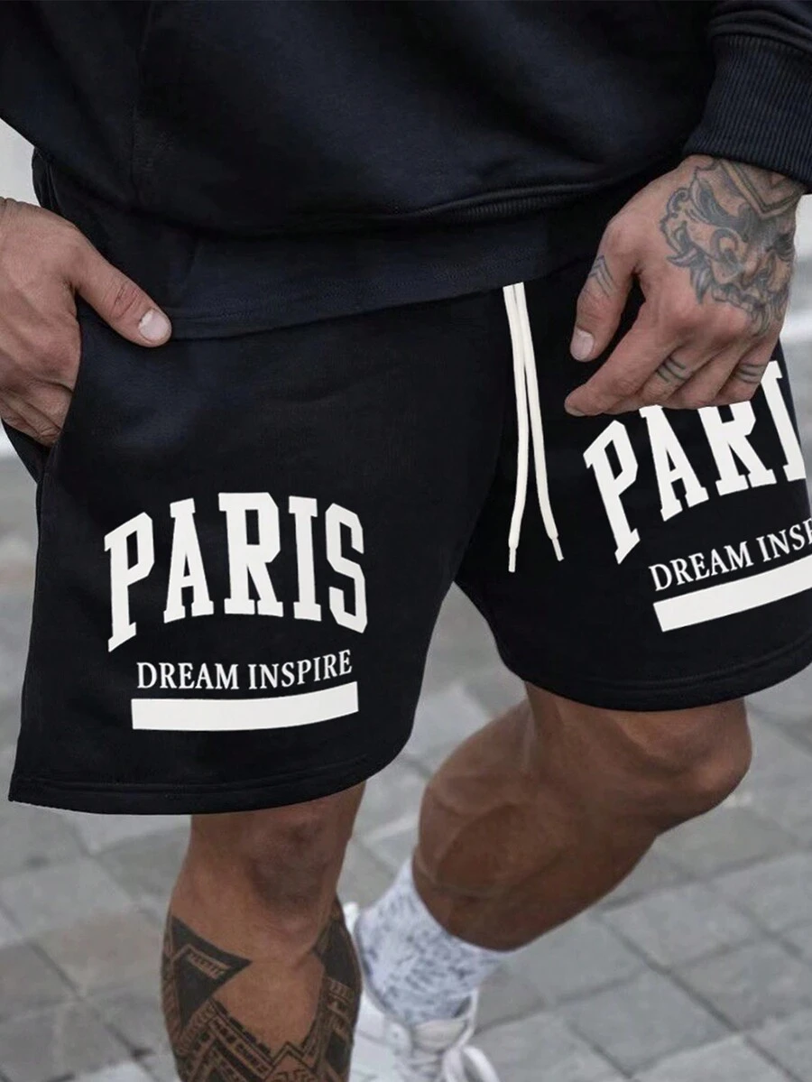 SHEIN Fitness 男士字母印花運動短褲 - 黑色 - 查看 1