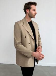 RueChic Men'S Double-Breasted Suit Jacket With Pointed Lapel Collar - Beige - View 4