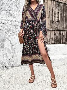 V領連衣裙,v型胸衣帶和劃分腰部,具有高開叉設計 - 黑色 - 查看 4