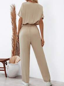 SHEIN LUNE Của phụ nữ Chải Cổ chữ V Batwing Ngắn tay Áo liền quần - Màu be - Xem 2