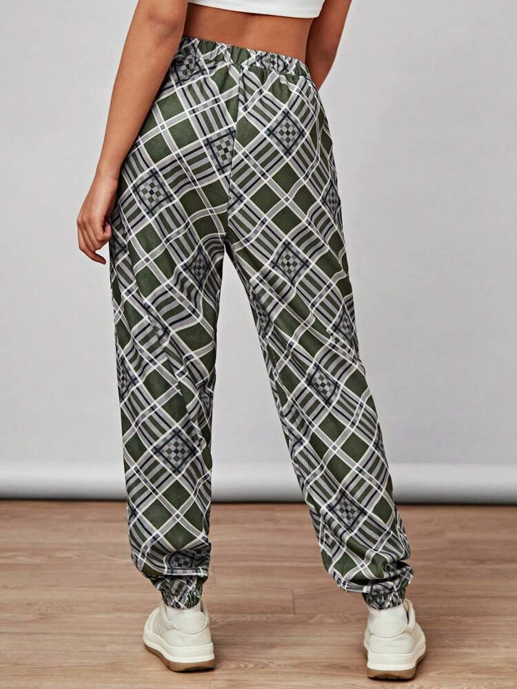 Vintage College Grid Casual Pants, American Style Harem Pants For Women With Elastic Cuffs, Spring/Summer
