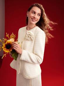 MOTF PREMIUM WOMEN'S JACKET WITH 3D FLORAL DECORATION AND RUFFLED HEM,VALENTINE'S DAY - Apricot - View 1