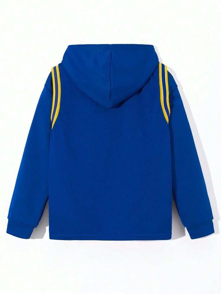 Tween Boys' Loose Fit Hooded Sweatshirt & Knitted Vest Combo With Letter Printed Colorblock Design, For Casual Wear