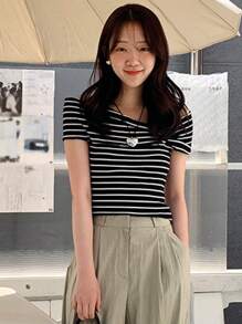 DAZY Women's Slim Fit Striped Off Shoulder T-Shirt - Black and White - View 2