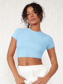 SHEIN BASICS Women's Round Neck Cropped T-Shirt - Baby Blue - View 3
