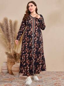 Al Najma Vestido largo de manga larga con estampado floral y parches, con cinturón para mujeres de talla grande - Multicolor - Ver 3